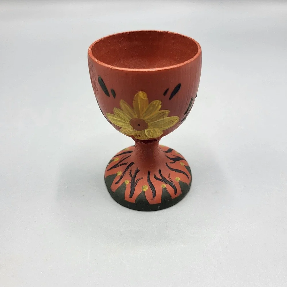 Vintage Wooden Hand Painted Egg Cup Red Floral Design Kitchen Art Folk Decor 2